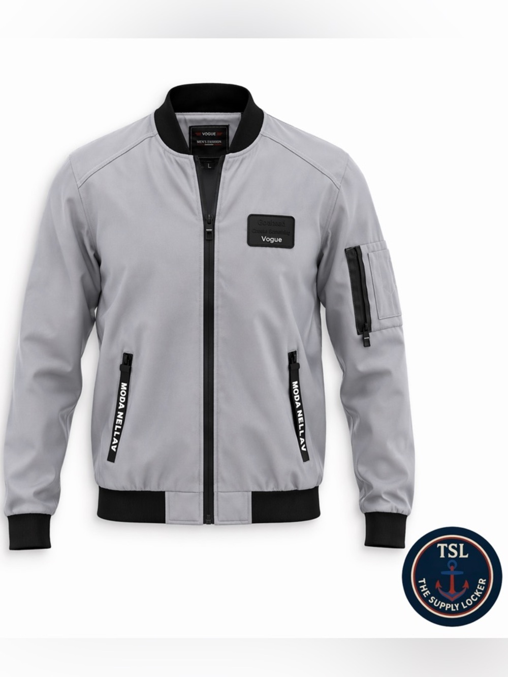 Vogue Mens Bomber Jacket Gray Black Zip Lightweight Size L